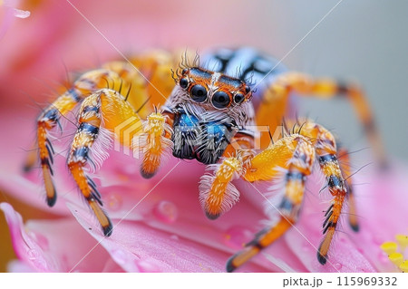 Vibrant Jumping Spider Resting on Pink Blossom in Detailed Macro Shot 115969332