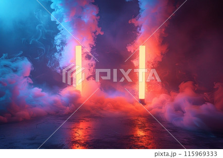Vibrant Dual Glowing Neon Light Tubes Emitting Red and Blue Colors with Colorful Smoke in Dark Room 115969333