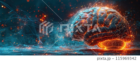 Futuristic glowing orange human brain with lightnings on blue background 115969342