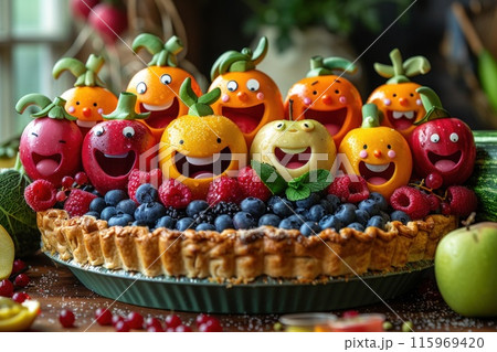Vegetables and fruits as comic personalities at a party with a cake of laughter 115969420