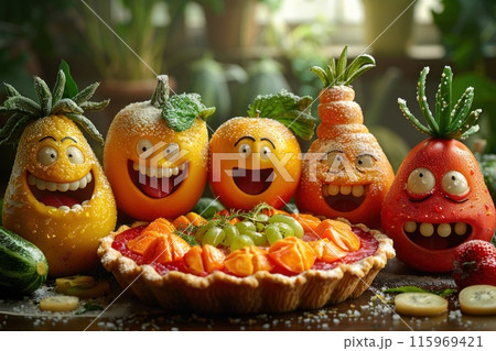 Vegetables and fruits as comic personalities at a party with a cake of laughter 115969421