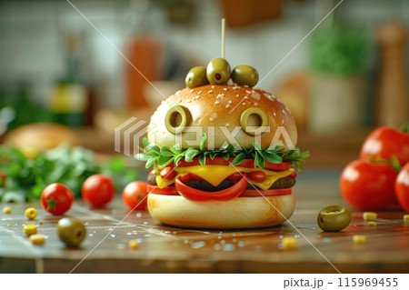 A fun burger with a unique face that adds...のイラスト素材 [115969455] - PIXTA