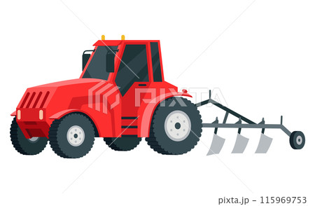 Tractor ready to plowing the field in rural or countryside land. Farm life, equipment for soil cultivation. Vector cartoon illustration 115969753
