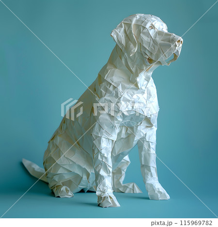 White Labrador Retriever Dog. Crumpled Paper Figure on Blue Background, Unusual Creative Illustrationtion White Labrador Retriever Dog. Crumpled Paper Figure on Blue Background, Unusual Creative Illustrationtion 115969782
