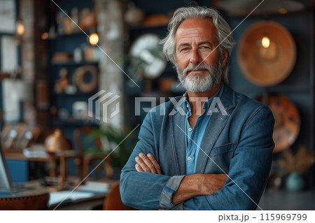 Confident man in blue suit with gray hair poses with arms crossed. Confident man in blue suit with gray hair poses with arms crossed. 115969799