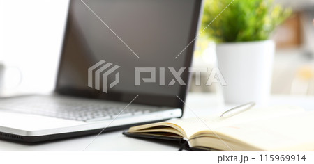 Silver pen lying on opened notebook sheet closeup 115969914