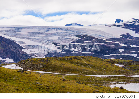 Mountains with ice glacier. Road Sognefjellet, Norway 115970071