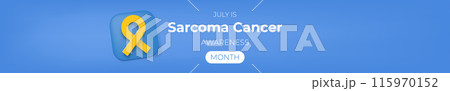 Sarcoma cancer awareness month concept horizontal wide banner design template with yellow ribbon and text isolated on blue background. July is Sarcoma cancer awareness month vector flyer or poster Sarcoma cancer awareness month concept horizontal wide banner design template with yellow ribbon and text isolated on blue background. July is Sarcoma cancer awareness month vector flyer or poster 115970152