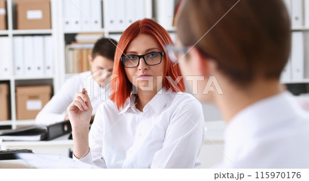 Group people sit in office deliberate on problem 115970176