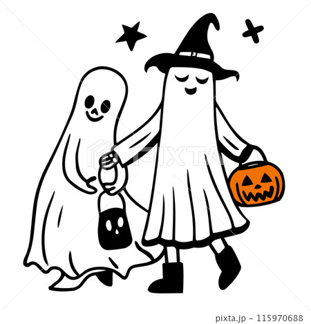 ハロウィンの仮装をして並んで歩く人々の愛いシンプルな落書きベクターイラスト 115970688