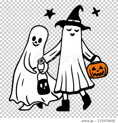 ハロウィンの仮装をして並んで歩く人々の愛いシンプルな落書きベクターイラスト 115970688