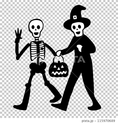 ハロウィンの仮装をして並んで歩く人々の愛いシンプルな落書きベクターイラスト 115970689