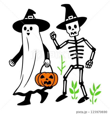 ハロウィンの仮装をして並んで歩く人々の愛いシンプルな落書きベクターイラスト 115970690