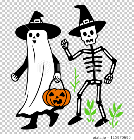 ハロウィンの仮装をして並んで歩く人々の愛いシンプルな落書きベクターイラスト 115970690