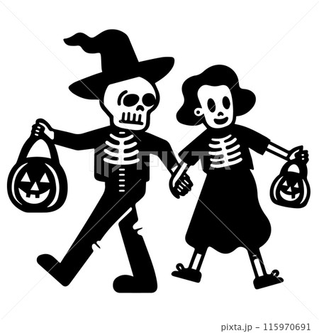 ハロウィンの仮装をする男女のカップルの可愛いシンプルな落書きベクターイラスト 115970691