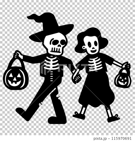 ハロウィンの仮装をする男女のカップルの可愛いシンプルな落書きベクターイラスト 115970691