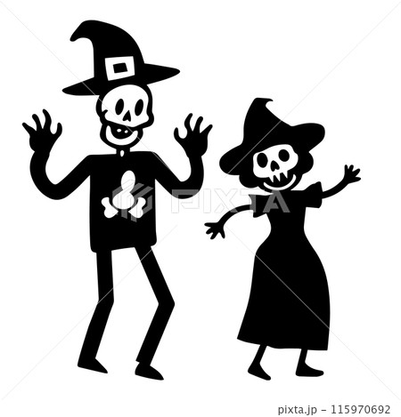 ハロウィンの仮装をする男女のカップルの可愛いシンプルな落書きベクターイラスト 115970692
