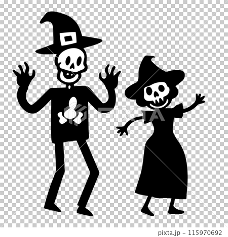 ハロウィンの仮装をする男女のカップルの可愛いシンプルな落書きベクターイラスト 115970692