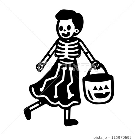 ハロウィンの仮装をした女性がカボチャのバケツを持って立っている可愛いシンプルな落書きベクターイラスト 115970693