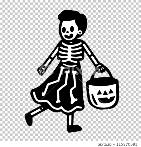 ハロウィンの仮装をした女性がカボチャのバケツを持って立っている可愛いシンプルな落書きベクターイラスト 115970693