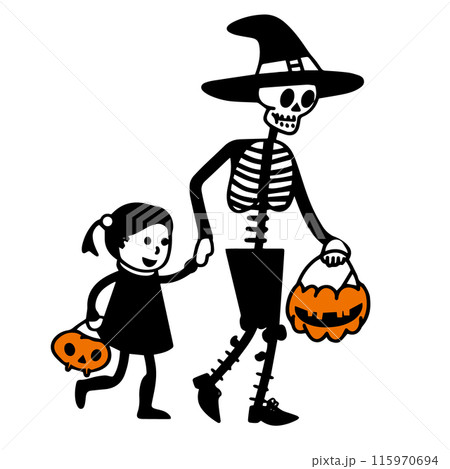 ハロウィンの仮装をして手を繋ぐ親子(父と娘)の可愛いシンプルな落書きベクターイラスト ハロウィンの仮装をして手を繋ぐ親子(父と娘)の可愛いシンプルな落書きベクターイラスト 115970694