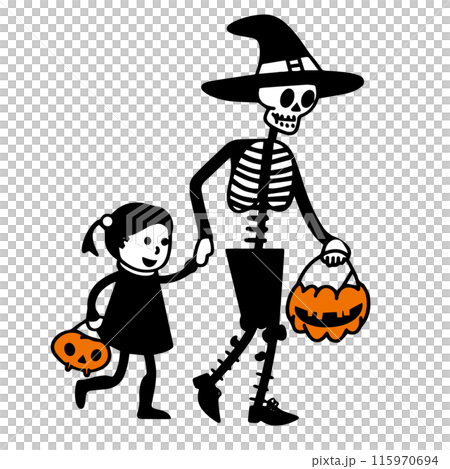 ハロウィンの仮装をして手を繋ぐ親子(父と娘)の可愛いシンプルな落書きベクターイラスト ハロウィンの仮装をして手を繋ぐ親子(父と娘)の可愛いシンプルな落書きベクターイラスト 115970694