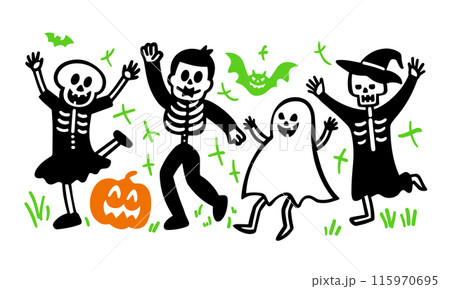 ハロウィンの仮装をした人たちが喜んでいる可愛いシンプルな落書きベクターイラスト ハロウィンの仮装をした人たちが喜んでいる可愛いシンプルな落書きベクターイラスト 115970695
