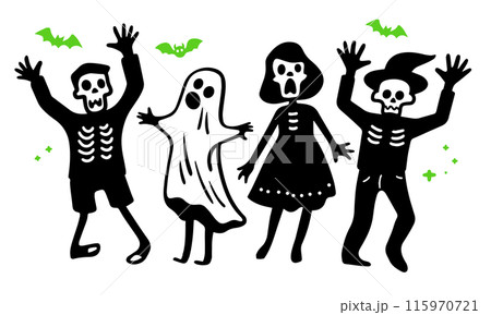 ハロウィンの仮装をした人たちが驚かすポーズをとっている可愛いシンプルな落書きベクターイラスト ハロウィンの仮装をした人たちが驚かすポーズをとっている可愛いシンプルな落書きベクターイラスト 115970721
