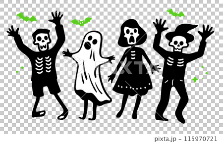 Cute simple doodle vector illustration of people in Halloween costumes posing in a surprised pose 115970721