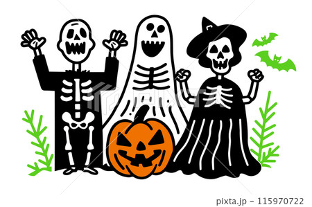 ハロウィンの仮装をした人たちが驚かすポーズをとっている可愛いシンプルな落書きベクターイラスト 115970722