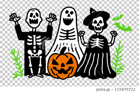 Cute simple doodle vector illustration of people in Halloween costumes posing in a surprised pose 115970722