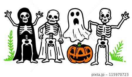 ハロウィンの仮装をした人たちが驚かすポーズをとっている可愛いシンプルな落書きベクターイラスト ハロウィンの仮装をした人たちが驚かすポーズをとっている可愛いシンプルな落書きベクターイラスト 115970723