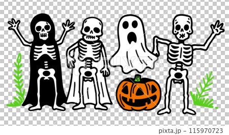 可愛的簡單塗鴉向量圖，展示了穿著萬聖節服裝、擺出令人驚訝的姿勢的人 115970723