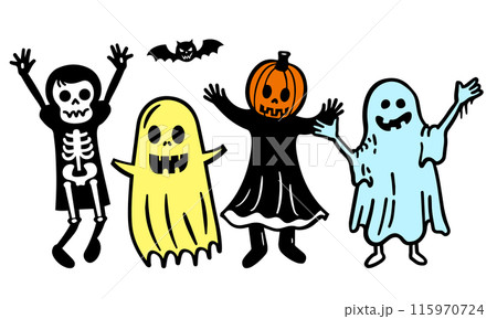 ハロウィンの仮装をした人たちが驚かすポーズをとっている可愛いシンプルな落書きベクターイラスト ハロウィンの仮装をした人たちが驚かすポーズをとっている可愛いシンプルな落書きベクターイラスト 115970724
