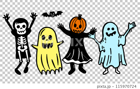 Cute simple doodle vector illustration of people in Halloween costumes posing in a surprised pose Cute simple doodle vector illustration of people in Halloween costumes posing in a surprised pose 115970724