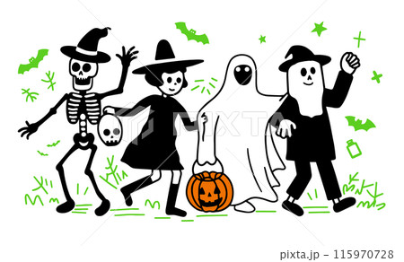 ハロウィンの仮装をして並んで歩く人々の愛いシンプルな落書きベクターイラスト 115970728