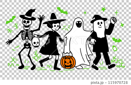 可愛的簡單塗鴉向量圖，展示了穿著萬聖節服裝、排隊散步的人們 115970728