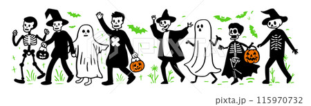 ハロウィンの仮装をして並んで歩く人々の愛いシンプルな落書きベクターイラスト ハロウィンの仮装をして並んで歩く人々の愛いシンプルな落書きベクターイラスト 115970732