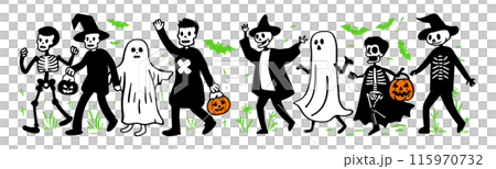 ハロウィンの仮装をして並んで歩く人々の愛いシンプルな落書きベクターイラスト ハロウィンの仮装をして並んで歩く人々の愛いシンプルな落書きベクターイラスト 115970732