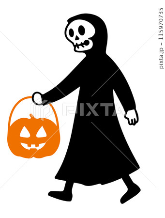 ハロウィンのカボチャのバケツを持った死神の落書きベクターイラスト 115970735