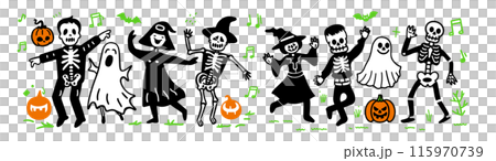 穿著萬聖節服裝跳舞的人的可愛簡單塗鴉向量圖 115970739