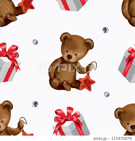 Christmas bear, gift box, bells. Seamless pattern. Vector illustration. New Year cards, wrapping paper, boxes, textiles, covers, banners, wallpaper. 115970879