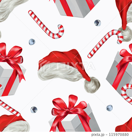 Santa Claus hat, candy cane, gift box, bells. Seamless pattern. Vector illustration Christmas, New Year cards, wrapping paper, fabric, covers, banners 115970880