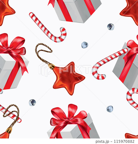 Gift box, candy cane, Christmas tree toy star, bells. Seamless pattern. Vector illustration. New Year cards, wrapping paper, fabric, covers, banners,. 115970882