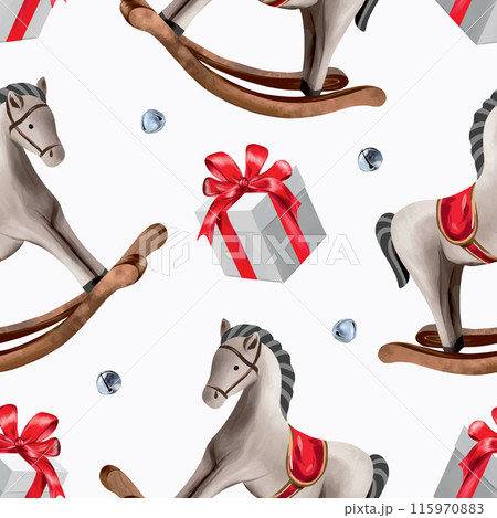 Wooden horse, gift, bells. Seamless pattern. Vector illustration in vintage style. New Year, Christmas cards, wrapping paper, boxes, textiles, covers. 115970883