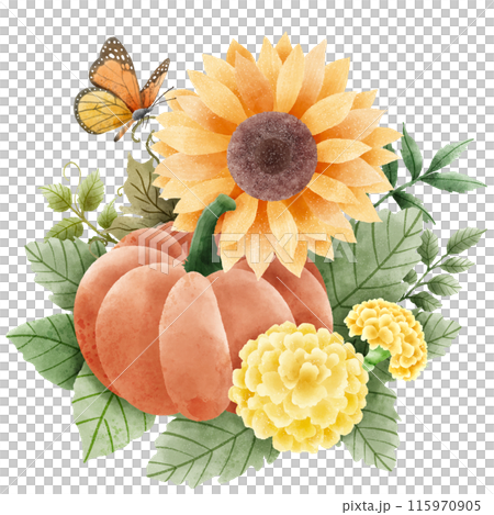 Watercolor Hand drawn illustration Rustic watercolor autumn pumpkin sunflower marigold flowers maple foliage fall bouquet Arrangement. 115970905