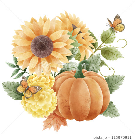 Watercolor Hand drawn illustration Rustic watercolor autumn pumpkin sunflower marigold flowers maple foliage fall bouquet Arrangement. 115970911