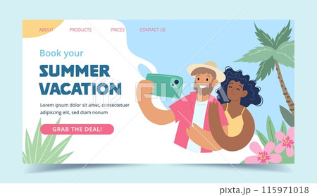 Travel destinations summer landing page. Happy couple taking a selfie with a smartphone. Concept vector illustration 115971018