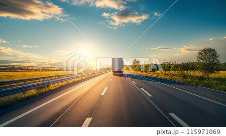 高速道路を走るトラックの背景素材イメージ写真、朝、夕焼け、朝焼け	 115971069