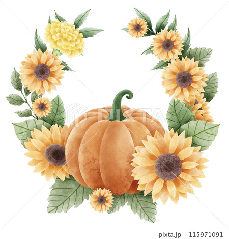 Watercolor Hand drawn illustration Rustic watercolor autumn pumpkin sunflower marigold flowers maple foliage fall wreath Arrangement. 115971091